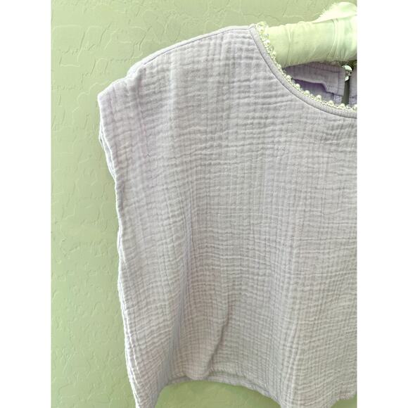 WILDFOX | Lilac Purple Textured Cotton Crop Top Pearl Trim Keyhole Back | Medium - Picture 4 of 8